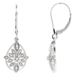 Diamond Floral Filigree Leverback Teardrop Earrings 14K Gold