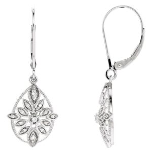 Diamond Floral Filigree Leverback Teardrop Earrings 14K Gold
