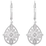 Diamond Floral Filigree Leverback Teardrop Earrings 14K White Gold