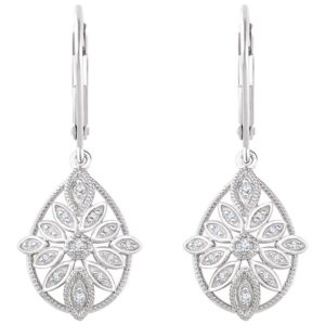 Diamond Floral Filigree Leverback Teardrop Earrings 14K White Gold