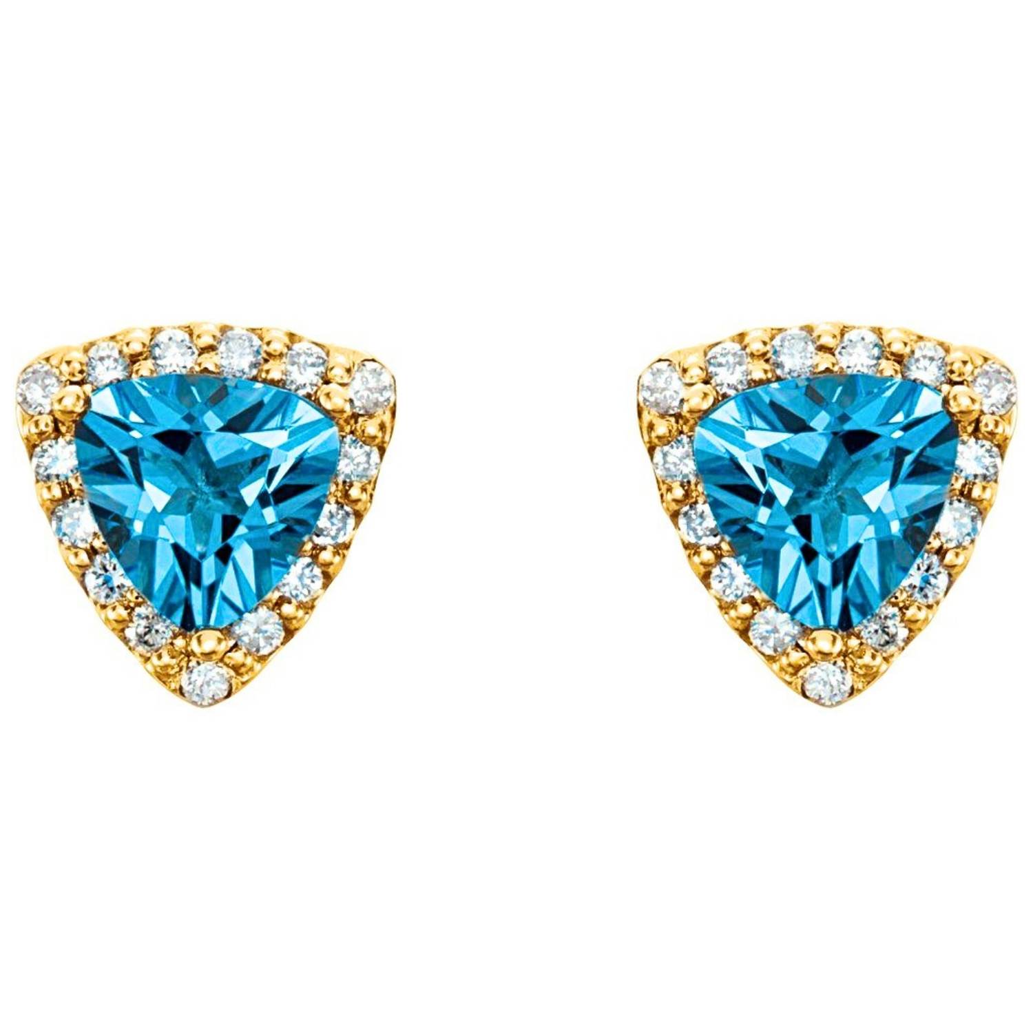 Diamond Halo Trillion Cut Swiss Blue Topaz Stud Earrings 14K Gold Diamond Halo Trillion Cut Swiss Blue Topaz Stud Earrings 14K Gold