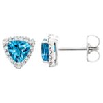 Diamond Halo Trillion Cut Swiss Blue Topaz Stud Earrings 14K White Gold Diamond Halo Trillion Cut Swiss Blue Topaz Stud Earrings 14K White Gold