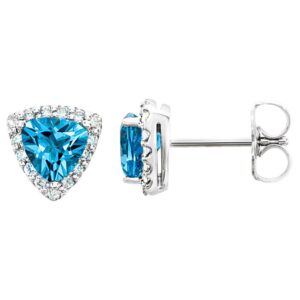 Diamond Halo Trillion Cut Swiss Blue Topaz Stud Earrings 14K White Gold