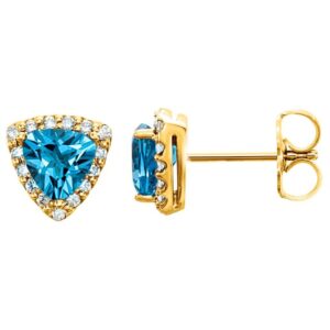 Diamond Halo Trillion Cut Swiss Blue Topaz Stud Earrings 14K Yellow Gold