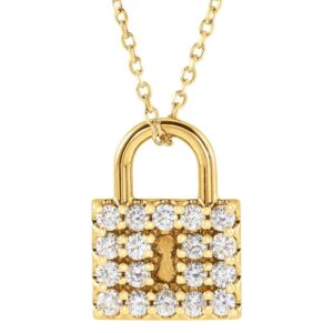 Diamond Lock Pendant Necklace 14K Yellow Gold