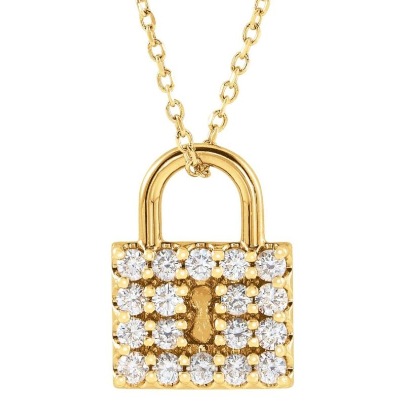 Diamond Lock Pendant Necklace 14K Yellow Gold