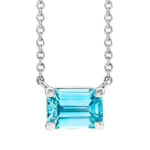 Emerald Cut Real Blue Zircon Necklace 14K White Gold