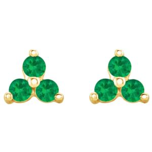 Emerald Three Stone Cluster Stud Earrings 14K Gold