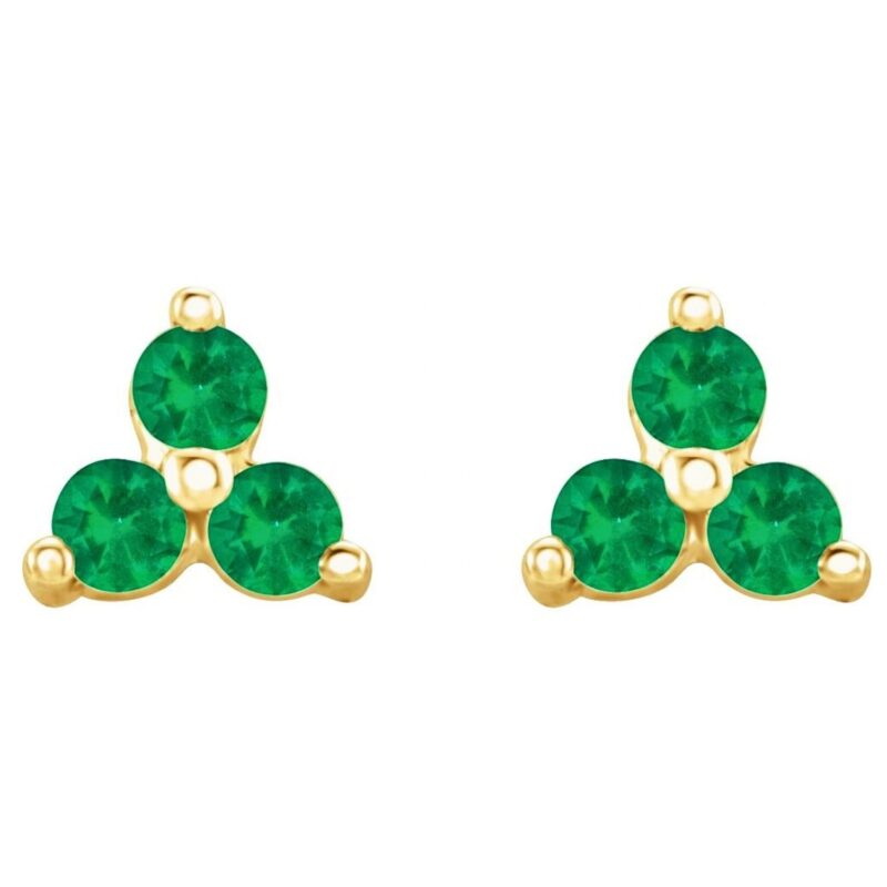 Emerald Three Stone Cluster Stud Earrings 14K Gold
