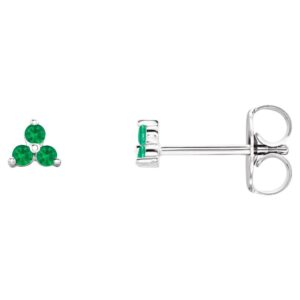 Emerald Three Stone Cluster Stud Earrings 14K White Gold