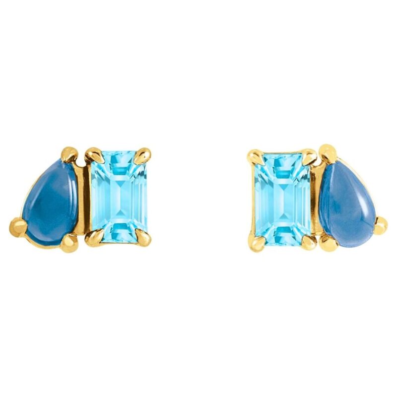 Emerald and Pear cut Blue Topaz Toi Et Moi Stud Earrings 14K Gold