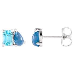 Emerald and Pear cut Blue Topaz Toi Et Moi Stud Earrings 14K White Gold