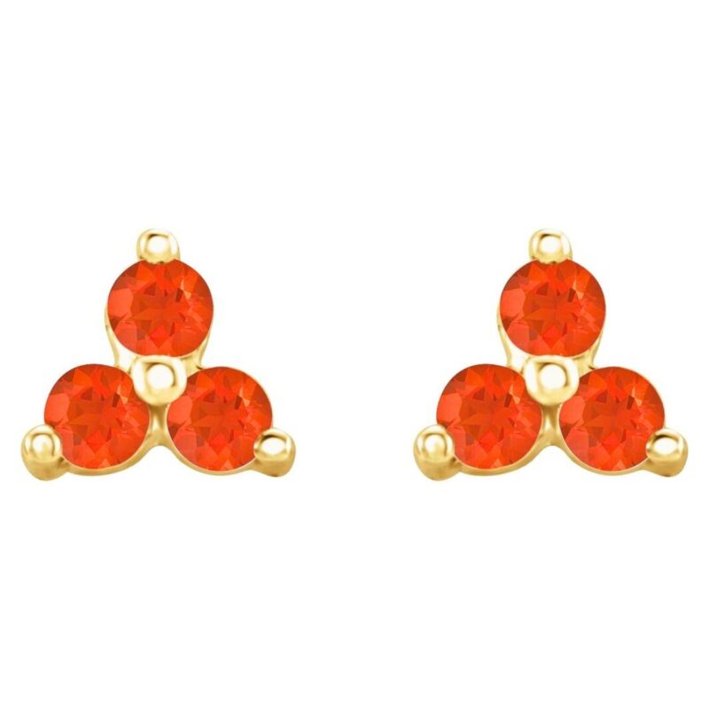 Fire Opal Three Stone Cluster Stud Earrings 14K Gold