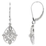Floral Diamond Filigree Leverback Drop Earrings Sterling Silver