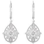 Floral Diamond Filigree Leverback Teardrop Earrings Sterling Silver