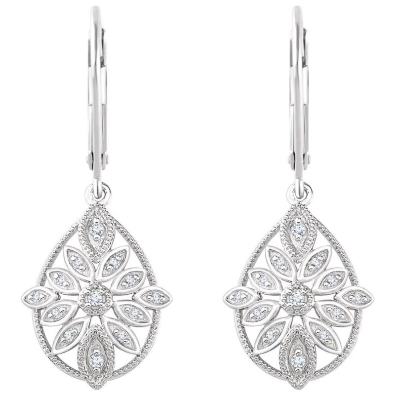 Floral Diamond Filigree Leverback Teardrop Earrings Sterling Silver