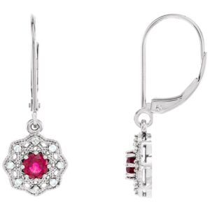 Genuine Diamond Halo Ruby Leverback Drop Earrings