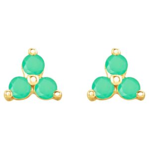 Green Chrysoprase Three Stone Cluster Stud Earrings 14K Gold