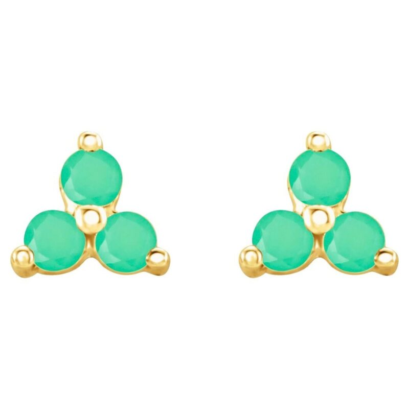 Green Chrysoprase Three Stone Cluster Stud Earrings 14K Gold