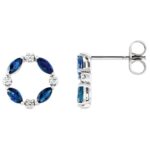 Marquise Blue Sapphire and Diamond Circle Earrings 14K White Gold