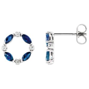 Marquise Blue Sapphire and Diamond Circle Earrings 14K White Gold