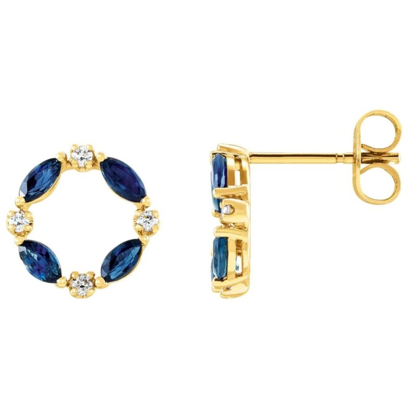Marquise Blue Sapphire and Diamond Circle Earrings 14K Yellow Gold