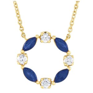 Marquise Blue Sapphire and Diamond Circle Necklace 14K Yellow Gold
