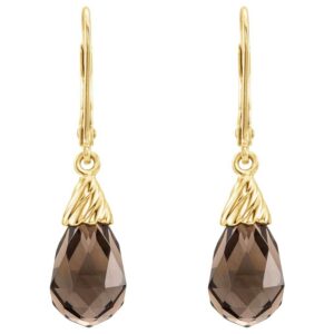 Natural Briolette Smoky Quartz Drop Leverback Earrings 14K Gold