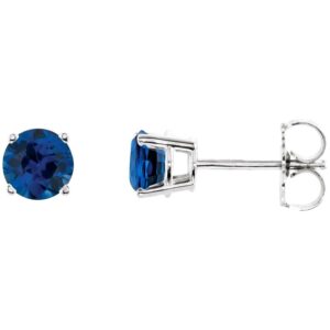Natural Round Blue Sapphire Stud Earrings 14k White Gold