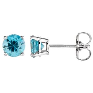 Natural Round Blue Zircon Stud Earrings 14K White Gold