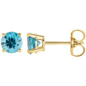 Natural Round Blue Zircon Stud Earrings 14K Yellow Gold