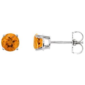 Natural Round Citrine Stud Earrings 14K White Gold