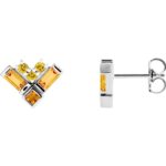 Natural Yellow Multi Gemstone Cluster Stud Earrings 14K White Gold