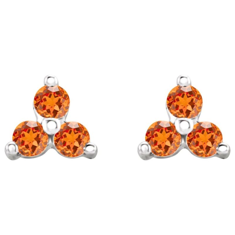 Orange Garnet Trio Cluster Stud Earrings 14K Gold