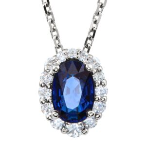Oval Blue Sapphire Diamond Halo Pendant Necklace in 14K White Gold