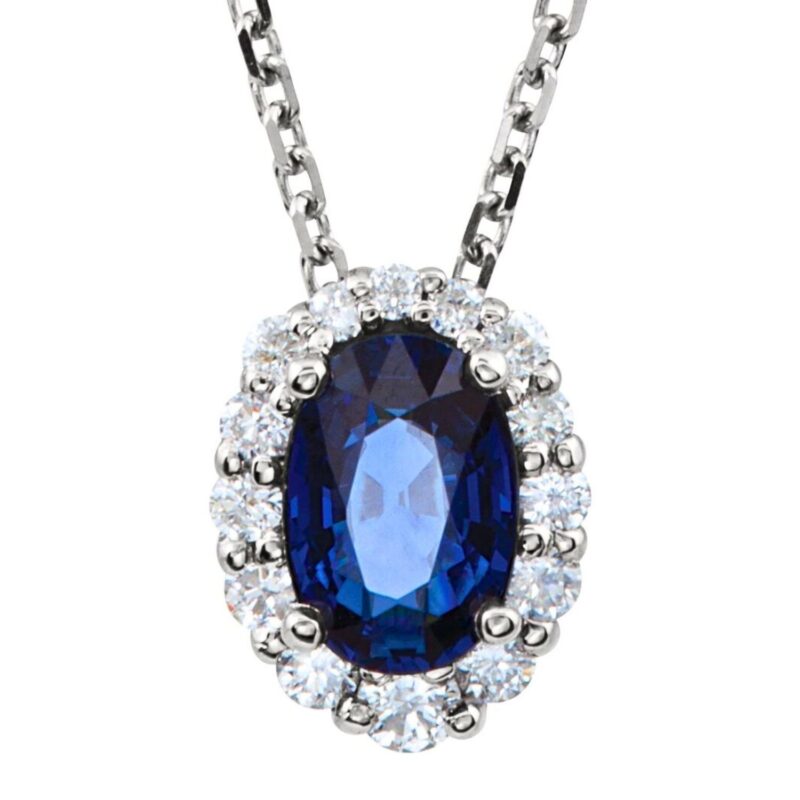Oval Blue Sapphire Diamond Halo Pendant Necklace in 14K White Gold Oval Blue Sapphire Diamond Halo Pendant Necklace in 14K White Gold