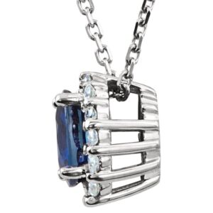 Oval Blue Sapphire Diamond Halo Pendant Necklace in 14K White Gold Side Angle