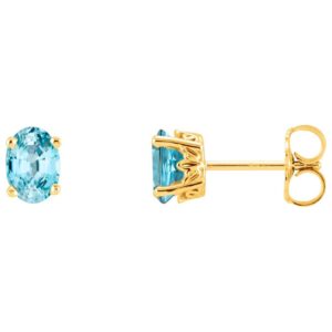 Oval Blue Zircon Stud Earrings 14K Yellow Gold