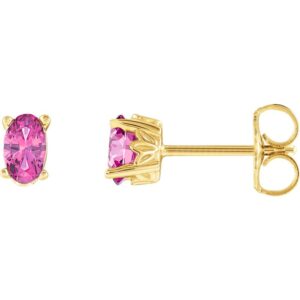 Oval Pink Tourmaline Stud Earrings 14K Yellow Gold