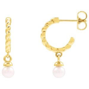 Pearl Dangle Twisted Hoop Earrings 14K Gold