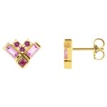 Pink Multi Gemstone Cluster Stud Earrings 14K Yellow Gold