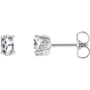 Real Oval White Sapphire Stud Earrings 14K White Gold
