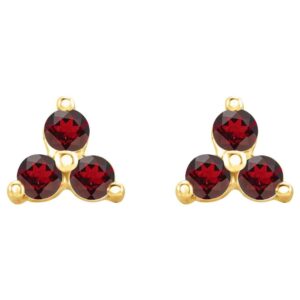 Red Garnet Three Stone Cluster Stud Earrings 14K Gold