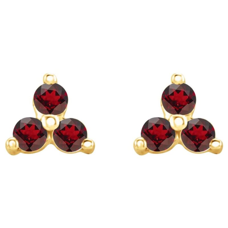 Red Garnet Three Stone Cluster Stud Earrings 14K Gold