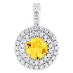 Round Yellow Sapphire Double Halo Diamond Pendant 14K Gold