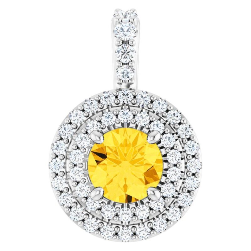 Round Yellow Sapphire Double Halo Diamond Pendant 14K Gold