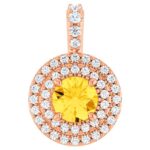 Round Yellow Sapphire Double Halo Diamond Pendant 14K Rose Gold