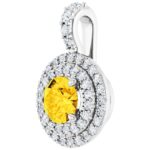 Round Yellow Sapphire Double Halo Diamond Pendant 14K White Gold