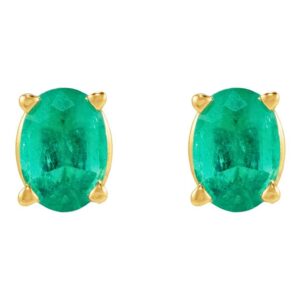 Single Genuine Oval Emerald Stud Earring with Flat Back 14K Yellow Gold
