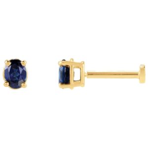 Single Oval Blue Sapphire Stud Earring with Flat Back 14K Yellow Gold